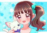  1girl animal aqua_scrunchie aqua_shirt brown_hair cat commentary hair_ornament hair_scrunchie holding holding_animal kyanos_(b_0000ff) looking_at_viewer medium_hair nekoyashiki_mayu nekoyashiki_yuki nekoyashiki_yuki_(cat) open_mouth precure scrunchie shirt side_ponytail smile solo violet_eyes wonderful_precure! 