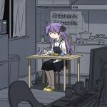  black_dress black_eyes chopsticks collared_shirt desk dress eating expressionless grey_background highres hiiragi_kagami holding holding_chopsticks indoors keyboard_(computer) kitchen lucky_star microwave monitor overall_dress purple_hair red_bull shirt siu_mei slippers socks solo truffleduster tsurime twintails white_socks 