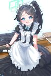  1girl :d @_@ absurdly_long_hair absurdres apron aqua_ribbon aris_(blue_archive) aris_(maid)_(blue_archive) arm_support black_dress black_footwear black_hair blue_archive blue_eyes bright_pupils broom collared_shirt dot_nose dress frilled_apron frills hair_intakes highres holding holding_broom light_blush long_hair looking_at_viewer maid maid_apron maid_headdress mary_janes mayou940114 neck_ribbon on_floor parted_bangs ponytail puffy_short_sleeves puffy_sleeves raised_eyebrows ribbon shirt shoes short_sleeves sidelocks single_wrist_cuff sitting smile socks tareme teeth upper_teeth_only very_long_hair wariza white_apron white_pupils white_shirt white_socks wooden_floor wrist_cuffs 