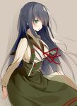  1girl :o arms_behind_back black_hair blush clothes_lift eyes_visible_through_hair floating_hair floating_neckwear green_eyes green_skirt grey_background hair_between_eyes high-waist_skirt kakao_(chocolate_land) long_hair looking_to_the_side loose_neck_ribbon neck_ribbon open_mouth original raised_eyebrows red_ribbon ribbon simple_background sketch skirt skirt_lift solo standing very_long_hair 