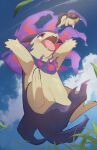  absurdres black_fur blue_sky closed_eyes clouds cyndaquil day fire grass highres hisuian_typhlosion no_humans nullma open_mouth outdoors pokemon pokemon_(creature) purple_fire red_eyes signature sky slit_pupils two-tone_fur yellow_fur 