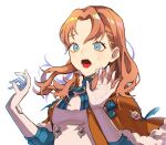  1girl annette_fantine_dominic artist_name blue_eyes bow bowtie capelet fire_emblem fire_emblem:_three_houses gloves highres long_hair open_mouth orange_hair simple_background solo surprised upper_body white_background white_gloves yachimata_1205 