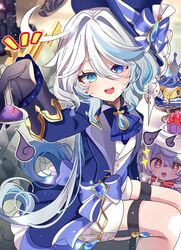  &quot;pour_la_justice&quot;_(genshin_impact) +_+ 2girls :d absurdres ahoge ascot black_gloves blue_ascot blue_bow blue_eyes blue_gemstone blue_hair blue_hat blue_jacket blue_ribbon blush bow bowtie cake commentary_request cowboy_shot drop-shaped_pupils finger_to_mouth food from_side fruit furina_(genshin_impact) gem genshin_impact gloves hair_between_eyes hat hat_bow hat_ribbon heterochromia highres holding holding_spoon jacket kodona light_blue_hair lolita_fashion long_hair long_sleeves looking_at_another looking_at_viewer multicolored_hair multiple_girls red_bow red_bowtie red_eyes ribbon shorts sigewinne_(genshin_impact) sitting smile spoon strawberry streaked_hair symbol-shaped_pupils teeth thigh_strap upper_teeth_only very_long_hair white_gloves white_hair white_shorts yuzukiyuno_(yunmu_g) 