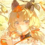  1girl animal_ears autumn_leaves black_shirt blonde_hair branch chinese_clothes chinese_commentary commentary_request expressionless eyelashes food fox_ears fruit gugu_(mirukai) hair_ornament hair_ribbon hanfu highres holding holding_food holding_fruit leaf leaf_hair_ornament long_hair looking_at_viewer low_twintails mandarin_orange orange_eyes orange_ribbon original outdoors parted_lips pom_pom_(clothes) pom_pom_hair_ornament ribbon robe sample_watermark shirt short_twintails solo tassel tassel_hair_ornament twintails upper_body watermark white_robe 