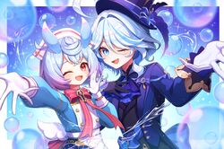  2girls ;d ahoge animal_ears ascot asymmetrical_gloves black_gloves blue_ascot blue_background blue_dress blue_eyes blue_hair blue_hat blue_jacket border bow bowtie bubble commentary dress drop-shaped_pupils furina_(genshin_impact) genshin_impact gloves gradient_background hand_on_own_chest hat hat_bow highres hydrokinesis jacket kodona kuro015896 light_blue_hair light_blush lolita_fashion long_sleeves looking_at_viewer mismatched_gloves multicolored_hair multiple_girls nurse_cap one_eye_closed outside_border outstretched_arm outstretched_hand red_bow red_bowtie red_eyes sigewinne_(genshin_impact) smile streaked_hair symbol-shaped_pupils top_hat vision_(genshin_impact) water white_border white_gloves white_hair 