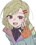  1other antenna_hair aqua_coat blonde_hair coat fingerless_gloves gloves gnosia hair_between_eyes hair_ornament hairclip looking_at_viewer medium_hair other_focus red_eyes setsu_(gnosia) short_hair simple_background smile solo turtleneck user_wahs4747 white_background 