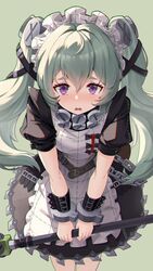  1girl absurdres apron blush chromatic_aberration corin_wickes cowboy_shot foreshortening frilled_apron frills green_background green_hair hair_between_eyes hair_ornament highres holding holding_weapon kumo33 legs_together looking_at_viewer maid maid_headdress nail_hair_ornament nose_blush open_mouth own_hands_together puffy_short_sleeves puffy_sleeves short_sleeves sidelocks simple_background solo stitches straight-on twintails violet_eyes weapon white_apron x_hair_ornament zenless_zone_zero 