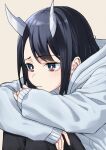  1girl aoki_ruri black_eyes black_hair black_pantyhose blue_hoodie closed_mouth dragon_horns frown highres hood hood_down hoodie horns hugging_own_legs long_hair long_sleeves pantyhose red_eyes ruri_dragon simple_background slit_pupils solo two-tone_eyes urua_oekaki 