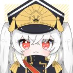  1girl :3 altair_(re:creators) artist_request blush chibi chinese_commentary coat commentary_request crossed_bangs eyelashes gold_trim hair_between_eyes hat highres long_hair looking_at_viewer medium_bangs military_uniform re:creators red_eyes shako_cap solo twintails two-tone_background uniform white_hair 