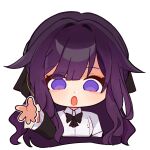  1girl bow breasts collared_shirt commentary english_commentary explosion hair_intakes hair_ornament highres honkai:_star_rail honkai_(series) honkai_impact_3rd kafka_(honkai_impact) large_breasts mi_(27782900) open_mouth outstretched_hand pose_imitation purple_bow purple_hair shirt sidelocks simple_background solo upper_body violet_eyes white_background white_shirt 
