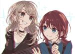  2girls black_choker black_jacket blue_eyes blue_shirt blush choker chromatic_aberration closed_mouth commentary_request girls_band_cry grey_eyes grin holding holding_microphone iseri_nina jacket kawaragi_momoka light_brown_hair microphone multicolored_hair multiple_girls open_mouth redhead roots_(hair) roudo_(idolnoatm) shirt short_twintails simple_background smile sparkle twintails upper_body white_background 