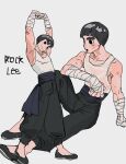  1boy :&gt; absurdres armpits bandaged_hand bandages biceps black_footwear black_hair black_pants blue_sash bowl_cut character_name collarbone full_body highres hqzt22340256 looking_at_viewer naruto_(series) open_mouth pants rock_lee sash see-through shoes simple_background sitting solo stretching sweat tank_top thick_eyebrows white_background white_tank_top 
