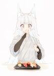  1girl :t absurdres animal_ear_fluff animal_ears black_gloves blush bridal_gauntlets clenched_hand cross-eyed eating fish_(food) fishofthelakes food gloves grey_hair grey_kimono highres japanese_clothes kimono long_hair nigirizushi original short_eyebrows shrimp simple_background solo sushi thick_eyebrows tobiko_(food) very_long_hair white_background yellow_eyes 