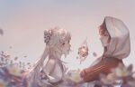  1boy 1girl bare_shoulders black_hair blurry blurry_foreground brown_hair chinese_clothes closed_mouth dress floating flower genshin_impact gradient_hair hair_bun hair_flower hair_ornament hanfu highres hood hood_up jiaoling_ruqun long_hair looking_at_another multicolored_hair official_alternate_costume red_eyes sleeveless violet_eyes white_flower white_hair yexingwange zhongli_(archon)_(genshin_impact) zhongli_(genshin_impact) 
