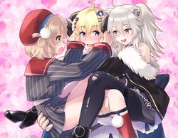  3girls ahoge animal_ears beret black_footwear black_jacket blonde_hair dress fur-trimmed_dress fur-trimmed_jacket fur_trim galleon-joe green_eyes grey_eyes grey_hair grey_shirt hair_ornament hairpin hat hololive horns hug indie_virtual_youtuber jacket lion_ears lion_girl long_hair looking_at_viewer multiple_girls open_mouth red_beret sheep_girl sheep_horns shigure_ui_(vtuber) shigure_ui_(vtuber)_(1st_costume) shirt shishiro_botan shishiro_botan_(1st_costume) short_hair smile striped_clothes striped_shirt thigh_strap tsunomaki_watame tsunomaki_watame_(1st_costume) violet_eyes virtual_youtuber white_dress 