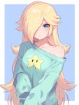  1girl absurdres alternate_costume blonde_hair blue_eyes blue_sweater hair_over_one_eye highres long_bangs long_hair long_sleeves parted_lips rosalina ryu160303 single_bare_shoulder sleeves_past_fingers sleeves_past_wrists solo super_mario_bros. super_star_(mario) sweater upper_body very_long_hair 