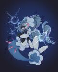 air_bubble blue_background blue_eyes bubble clothed_pokemon commentary_request fangs full_body highres microphone music musical_note no_humans open_mouth pokemon pokemon_(creature) primarina singing sok_(mr14_c) solo sunglasses white_eyelashes 