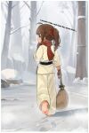  1girl absurdres ahoge barefoot belt black_belt blue_eyes border brown_hair chinese_commentary commentary_request commission dougi english_text feet from_behind full_body highres holding holding_sack kuma-bound martial_arts_belt original pants pixiv_commission ponytail red_scarf sack scarf snow snowing soles solo toes tree walking white_border white_pants winter 
