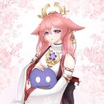  1girl animal_ears cherry_blossoms crown discord earrings fox_ears genshin_impact highres japanese_clothes jewelry looking_at_viewer moovalandi original pink_hair solo violet_eyes yae_miko 