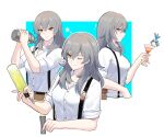  1girl ;) bottle breasts cocktail_glass commentary cup drinking_glass grey_hair holding holding_bottle holding_cup honkai:_star_rail honkai_(series) long_hair looking_at_viewer multiple_views one_eye_closed shirt short_sleeves small_breasts smile stelle_(honkai:_star_rail) supershrimpcakes suspenders trailblazer_(honkai:_star_rail) white_background white_shirt yellow_eyes 