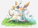  animal_focus blue_eyes bright_pupils bug closed_mouth commentary_request cutiefly highres no_humans on_grass pokemon pokemon_(creature) simple_background sitting smile sylveon tail tapi_bird25 white_background white_fur white_pupils 