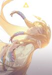  1girl blonde_hair bracelet breasts closed_eyes commentary crying dutch_angle facing_up falling floating_hair from_side gradient_background grey_background hair_tubes hands_up highres holding holding_instrument instrument jewelry long_hair long_sleeves lyre parted_lips pointy_ears princess_zelda sidelocks solo sumooo_(ga_ilil) symbol-only_commentary the_legend_of_zelda the_legend_of_zelda:_skyward_sword triforce upper_body white_background wide_sleeves 