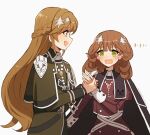  2girls blush braid brown_eyes brown_hair cape duel_monster embarrassed exosister_elis exosister_martha green_eyes hair_ornament holding_hands long_hair looking_at_another military_uniform multiple_girls open_mouth simple_background smile star_(symbol) star_hair_ornament uniform wavy_mouth wen_zhi_(717256) white_background yu-gi-oh! yuri 