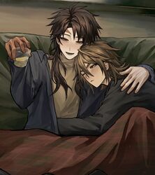  2boys black_shirt blanket blue_jacket blush bonley brown_hair chinese_commentary closed_mouth commentary_request cup drunk hand_on_another&#039;s_back harada_minoru holding holding_cup hug isoi_reiji jacket long_hair male_focus medium_hair multiple_boys one_eye_closed open_clothes open_jacket open_mouth plaid_blanket red_eyes saibou_shinkyoku scar scar_on_face scar_on_forehead shirt smile sweater turtleneck turtleneck_sweater yellow_sweater 