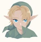  1boy blonde_hair blue_eyes closed_mouth collared_shirt cropped_shoulders green_hat green_tunic hat link looking_at_viewer pointy_ears shirt short_hair simple_background solo the_legend_of_zelda the_legend_of_zelda:_ocarina_of_time yamori_(yamoooon21) yellow_background young_link 