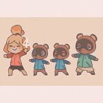  1girl 3boys animal_crossing animal_ears bellhenge blonde_hair blush box brown_background commentary_request dog_ears dog_girl isabelle_(animal_crossing) looking_at_viewer multiple_boys notice_lines raccoon_boy raccoon_ears raccoon_tail tail timmy_(animal_crossing) tom_nook_(animal_crossing) tommy_(animal_crossing) 
