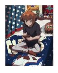  1boy bedroom brown_hair duel_academy_uniform_(yu-gi-oh!_gx) full_body hair_between_eyes long_sleeves looking_at_viewer male_focus multicolored_hair p5naq_pv pants shirt short_hair sitting t-shirt two-tone_hair winged_kuriboh yu-gi-oh! yu-gi-oh!_gx yuki_judai 