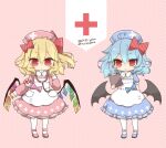  2girls alternate_costume apron bat_wings blonde_hair blue_apron blue_hair blue_hat bow chibi clipboard cross crystal dress flandre_scarlet hair_bow hat holding holding_clipboard multicolored_wings multiple_girls nurse nurse_cap pink_apron pink_hat red_cross red_eyes remilia_scarlet short_hair short_sleeves siblings side_ponytail sisters smile thigh-highs touhou white_thighhighs wings yaco_(nuitnotte) 