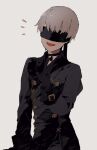  1boy 9s_(nier:automata) black_jacket blindfold choker covered_eyes facing_viewer grey_background grey_hair jacket male_focus malt_40 nier:automata nier_(series) open_mouth short_hair simple_background smile solo waving 
