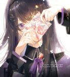  absurdres akemi_homura black_hair black_hairband caibaozi capelet character_print chinese_commentary collared_capelet gem glint hairband hands_up highres holding holding_paper kaname_madoka long_hair long_sleeves looking_at_viewer mahou_shoujo_madoka_magica mahou_shoujo_madoka_magica_(anime) neck_ribbon one_eye_covered paper portrait purple_capelet red_gemstone ribbon simple_background violet_eyes white_background 