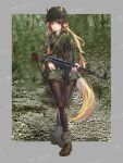  1girl absurdres assault_rifle black_pantyhose blonde_hair border camouflage camouflage_jacket combat_helmet green_hat green_jacket grey_border gun helmet highres horse_girl huihuang_rongyao jacket long_hair looking_at_viewer military_uniform original pantyhose photo_background rifle sample_watermark solo stahlhelm stg44 uniform very_long_hair waffen-ss watermark weapon world_war_ii 