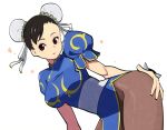  1girl asymmetrical_bangs bent_over black_hair bracelet breasts brown_eyes bun_cover china_dress chinese_clothes chun-li double_bun dress hair_bun hand_on_own_thigh jewelry large_breasts lineni looking_at_viewer open_mouth pantyhose pelvic_curtain puffy_short_sleeves puffy_sleeves short_hair short_sleeves simple_background solo spiked_bracelet spikes street_fighter street_fighter_ii_(series) studded_bracelet taut_clothes taut_dress thick_thighs thighs white_background 
