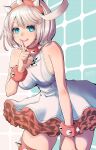  1girl ahoge blue_eyes bracelet breasts cape collar elphelt_valentine guilty_gear guilty_gear_strive hairband highres huge_ahoge jewelry mariebell pink_hairband short_hair solo spiked_bracelet spiked_collar spiked_hairband spiked_jacket spikes two-tone_dress white_hair 