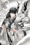  1boy black_hair closed_mouth dragon hair_between_eyes hand_fan highres holding holding_fan kim_dokja light_smile long_sleeves male_focus omniscient_reader&#039;s_viewpoint robe short_hair solo sonakbe_33 white_background 
