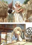  1boy 1girl 1other aged_down ancient_greek_clothes ascot black_ascot black_hair blonde_hair blue_ribbon blue_vest book book_stack bookshelf bracelet caenis_(fate) closed_eyes closed_mouth dark-skinned_female dark_skin desk dress elbow_rest fate/grand_order fate_(series) flower gold_bracelet greco-roman_clothes green_shirt grey_eyes hair_between_eyes hair_down hair_intakes hair_ribbon hand_up hands_up happy head_rest holding holding_flower indoors inkwell jewelry kirschtaria_wodime long_hair long_sleeves nail_polish necklace official_alternate_costume official_alternate_hairstyle open_mouth outdoors ponytail quill ribbon shirt short_hair sleeveless sleeveless_dress smile teeth thatched_roof tsengyun upper_teeth_only vest white_dress white_hair white_nails white_shirt 