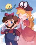  &gt;_&lt; 1boy 1girl absurdres blonde_hair blue_background blue_eyes blue_overalls bow brown_hair cappy_(mario) closed_eyes commentary_request dress earrings eyelashes facial_hair flower gloves hair_bow hanaon highres jewelry long_hair mario mustache open_mouth overalls pearl_earrings pink_dress princess_peach puffy_short_sleeves puffy_sleeves red_bow red_headwear red_shirt shirt short_sleeves super_mario_bros. super_mario_odyssey sweat white_gloves 