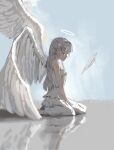  1girl absurdres alternate_costume angel angel_beats! angel_wings closed_eyes closed_mouth dress falling_feathers feathered_wings feathers halo highres long_hair pants ponytail sidelocks simple_background sitting tachibana_kanade tanac_mangi wariza white_dress white_hair white_halo white_pants white_theme wings 