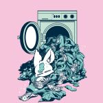  1boy animal_ear_fluff animal_ears banknote body_fur clothes english_commentary full_body furry furry_male highres lying male_focus money on_stomach oratnir_aka_9 original pink_background rabbit_boy rabbit_ears simple_background socks solo sparkle washing_machine white_fur 