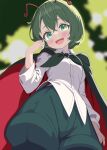  1girl :d absurdres antennae baggy_shorts black_cape blue_shorts blush breasts cape fang from_below green_eyes green_hair hand_in_own_hair happy highres long_sleeves nara_(gsx250r_anzio) red_cape shirt short_hair shorts small_breasts smile solo touhou two-sided_cape two-sided_fabric white_shirt wriggle_nightbug 