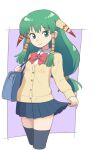  1girl artist_request closed_mouth drawfag feena_(grandia) grandia grandia_i green_eyes green_hair hair_ornament hair_tubes long_hair looking_at_viewer low-tied_long_hair pleated_skirt school_uniform skirt smile solo thigh-highs 