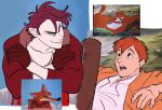  2boys brown_gloves chicken_little collarbone colored_sclera crossed_arms derivative_work fingernails foxy_loxy gloves highres humanization jacket male_focus multiple_boys open_mouth orange_hair orange_jacket red_jacket redhead reference_inset scared screenshot_redraw smile the_fox_and_the_hound tod_(the_fox_and_the_hound) uochandayo yellow_sclera 