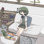  1girl bad_id bad_twitter_id bag_of_chips bb5_hz bookshelf bow bowtie coffee_table collared_shirt couch cup cushion drink drinking_glass full_body furrowed_brow green_eyes green_hair green_skirt green_sweater_vest idolmaster idolmaster_shiny_colors inactive_account indoors jaggy_lines jitome looking_at_viewer nanakusa_nichika on_couch open_mouth outstretched_legs plaid plaid_skirt pleated_skirt purple_bow purple_bowtie raised_eyebrow rug school_uniform shirt short_hair short_sleeves sitting skirt snack solo striped_bow striped_bowtie striped_clothes sweater_vest table white_shirt window 