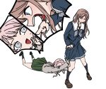  2girls a_jak angry bang_dream! bang_dream!_it&#039;s_mygo!!!!! black_footwear black_socks blue_eyes blue_serafuku blue_shirt blue_skirt blush brown_footwear brown_hair chihaya_anon closed_eyes commentary_request green_necktie green_skirt green_socks grey_eyes grey_jacket grey_neckerchief haneoka_school_uniform jacket kneehighs korean_commentary loafers long_hair long_sleeves multiple_girls nagasaki_soyo neckerchief necktie open_mouth pink_hair pleated_skirt pointing sailor_collar school_uniform serafuku shirt shoes simple_background skirt skirt_grab socks sweatdrop tsukinomori_school_uniform white_background white_sailor_collar white_shirt 