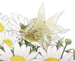  animal_focus claws commentary daisy flower full_body highres horns minimized monster monster_hunter:_world monster_hunter_(series) multiple_wings no_humans on_flower scales shagaru_magala solo tail taneimo_drop white_flower wings yellow_eyes 
