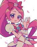  1girl :d bad_id bad_twitter_id bow brooch choker cowboy_shot cure_blossom dress earrings hanasaki_tsubomi hands_up heart heart_brooch heartcatch_precure! high_ponytail highres inactive_account jewelry long_hair looking_at_viewer magical_girl open_mouth own_hands_together petals pink_bow pink_eyes pink_hair ponytail precure puffy_short_sleeves puffy_sleeves short_sleeves smile solo standing swept_bangs umipi white_background wrist_cuffs 