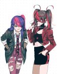  2girls black_jacket black_shirt black_skirt blue_eyes closed_mouth gloves hand_in_pocket highres jacket leather leather_jacket looking_at_viewer marinette_dupain-cheng miraculous_ladybug multiple_girls necktie pants pink_pants red_eyes red_jacket red_mask seio_(nao_miragggcc45) shadybug shirt skirt smile twintails white_shirt 